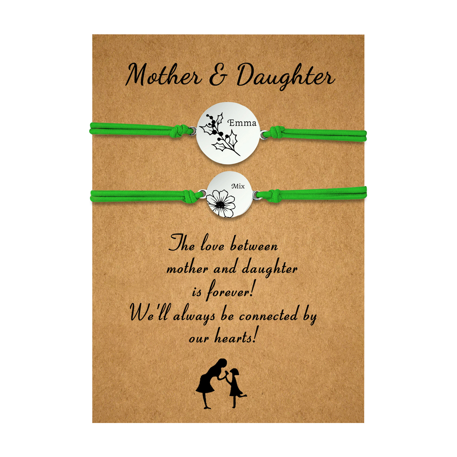 2PCS Personalized 2 Birthflowers and 2 Names Elastic Stainless Steel Bracelet Mother and Daughter Back to School Gift for Daughter