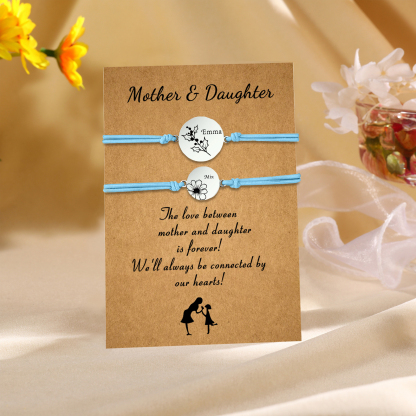 2PCS Personalized 2 Birthflowers and 2 Names Elastic Stainless Steel Bracelet Mother and Daughter Back to School Gift for Daughter