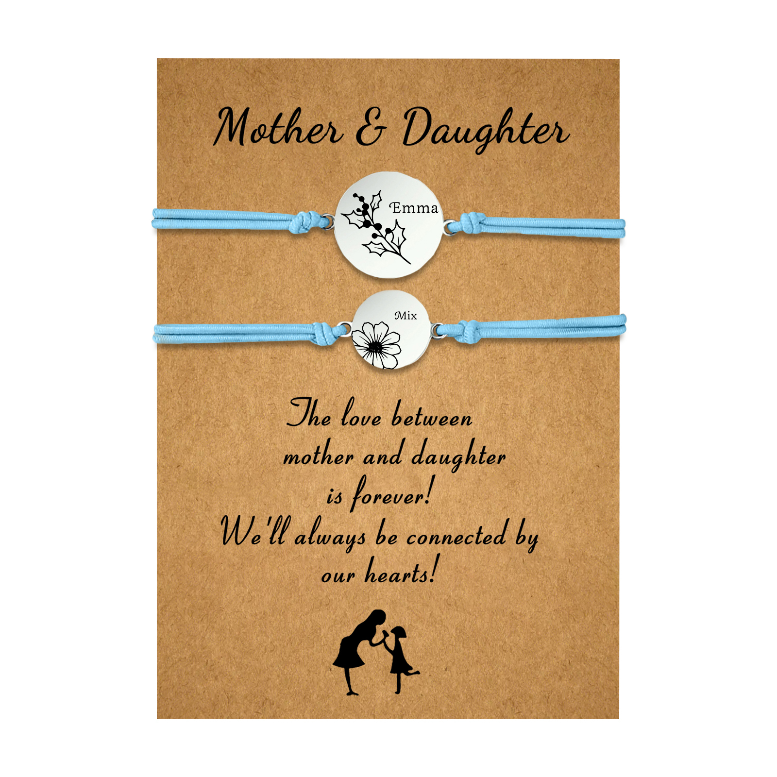 2PCS Personalized 2 Birthflowers and 2 Names Elastic Stainless Steel Bracelet Mother and Daughter Back to School Gift for Daughter