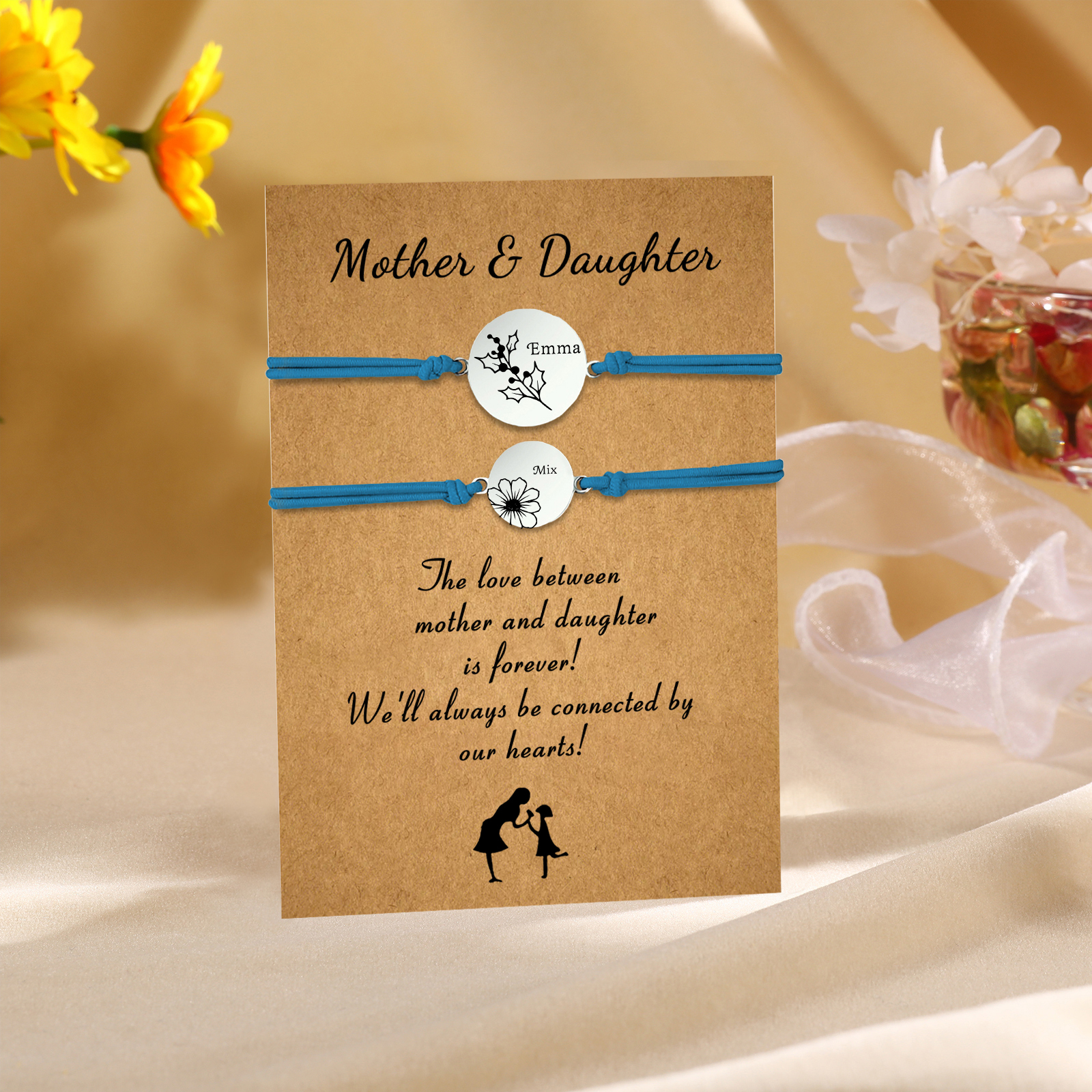 2PCS Personalized 2 Birthflowers and 2 Names Elastic Stainless Steel Bracelet Mother and Daughter Back to School Gift for Daughter