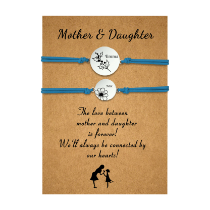 2PCS Personalized 2 Birthflowers and 2 Names Elastic Stainless Steel Bracelet Mother and Daughter Back to School Gift for Daughter