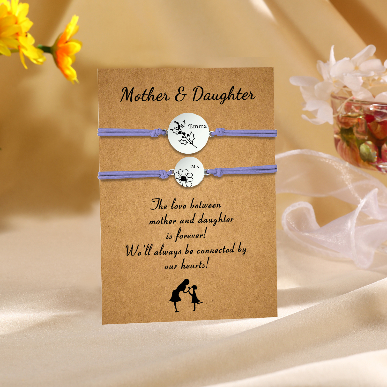 2PCS Personalized 2 Birthflowers and 2 Names Elastic Stainless Steel Bracelet Mother and Daughter Back to School Gift for Daughter