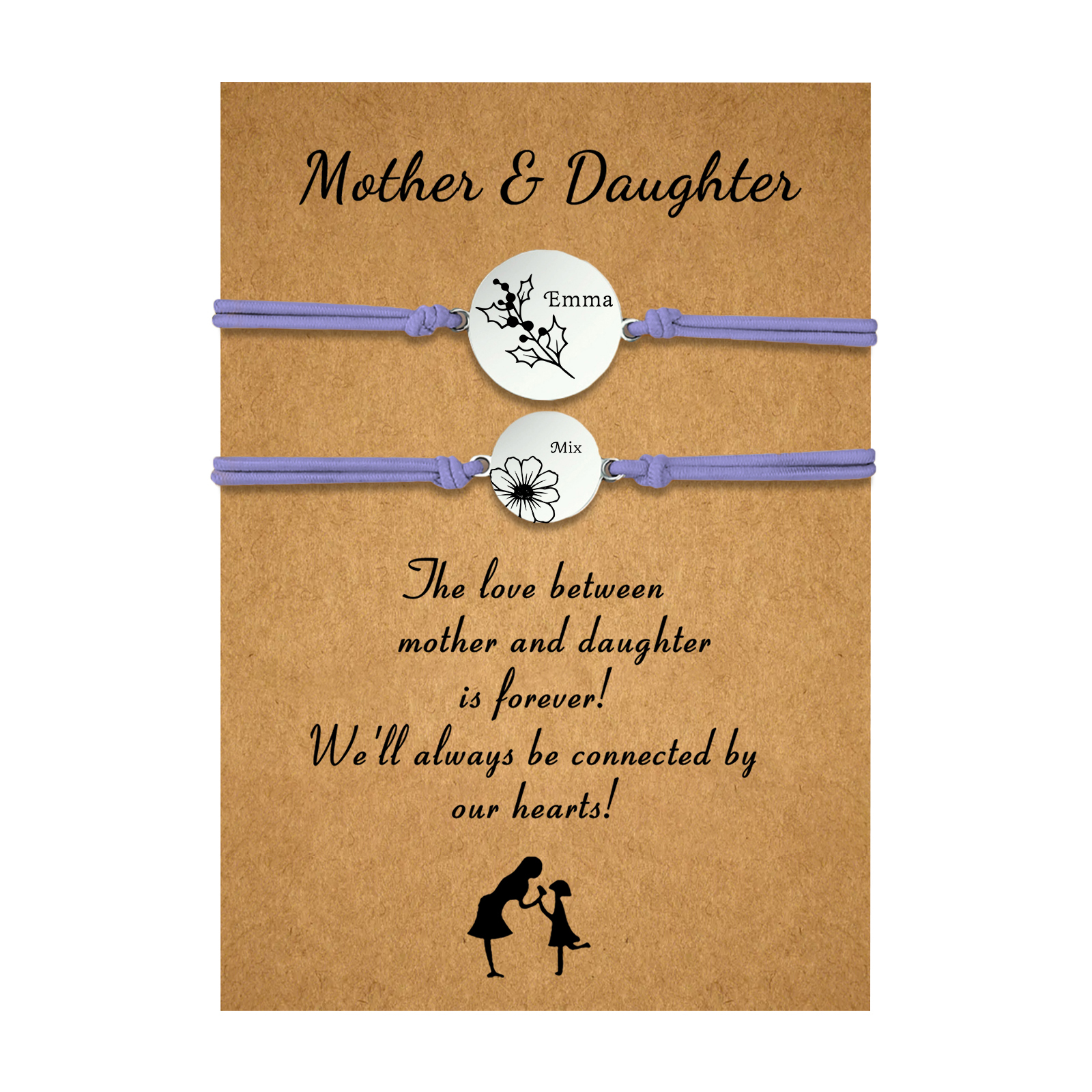 2PCS Personalized 2 Birthflowers and 2 Names Elastic Stainless Steel Bracelet Mother and Daughter Back to School Gift for Daughter