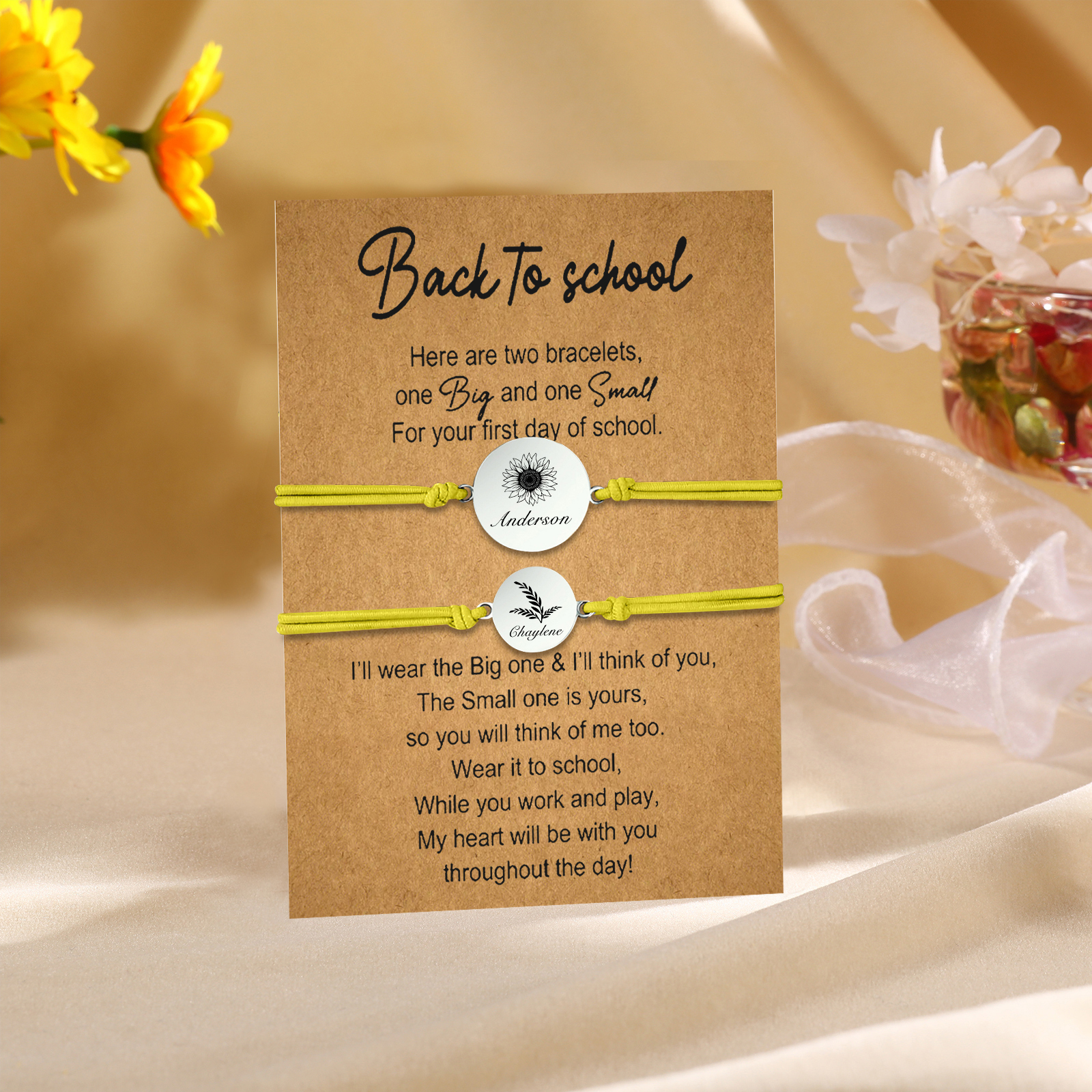 2 PCS Customized 2 Names Dandelion Pattern Elastic Stainless Steel Bracelet, A Back-To-School Gift For Daughter