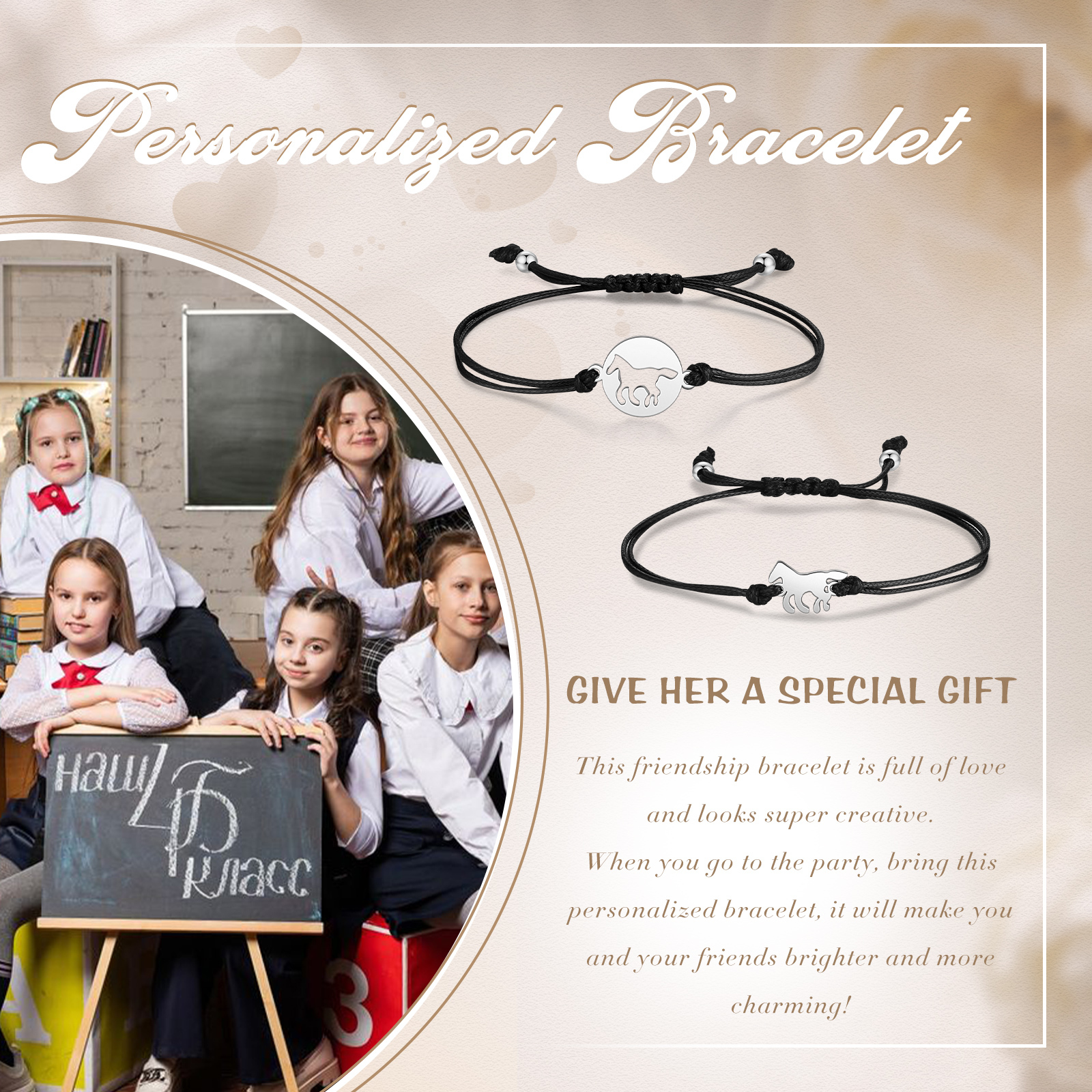 2pcs Horse Bracelet Stainless Steel Bear Braided Bracelet Back to School Gift For Kids