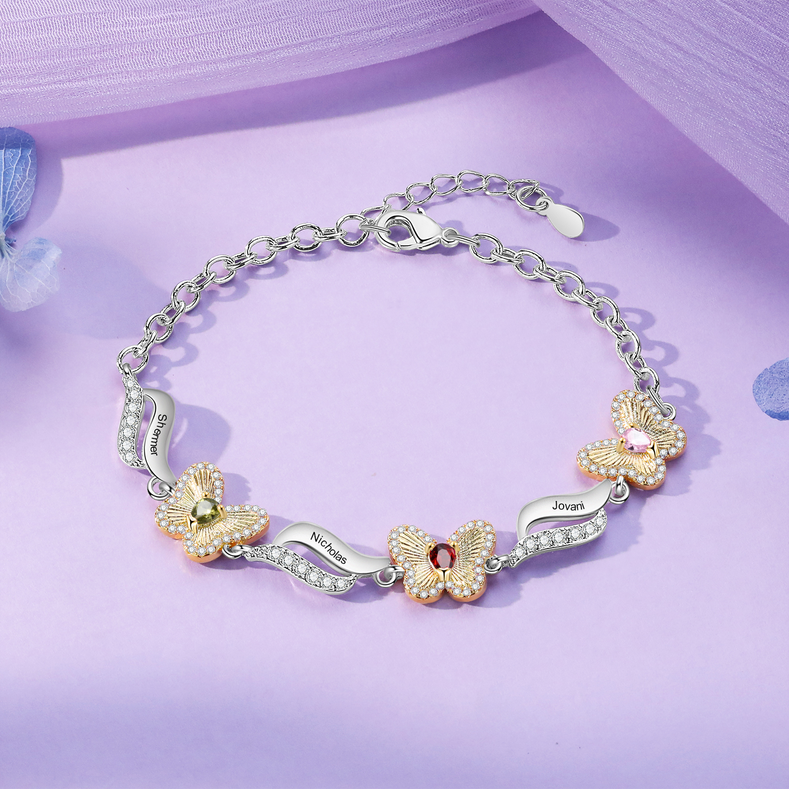 3 Names - Personalized Women's Bracelet Customized 3 Names & 3 Birthstones Butterfly Bracelet for Her