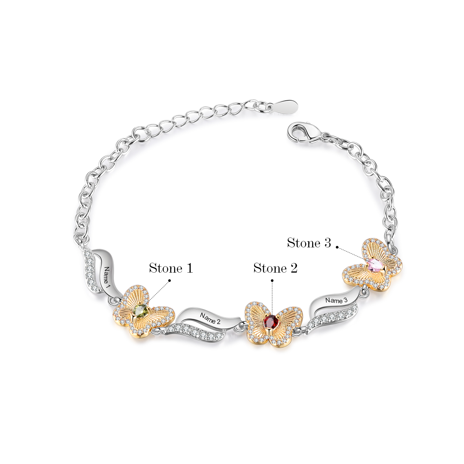 3 Names - Personalized Women's Bracelet Customized 3 Names & 3 Birthstones Butterfly Bracelet for Her