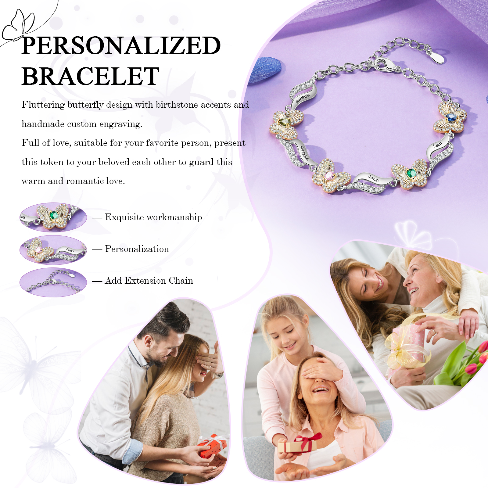 4 Names - Personalized Women's Bracelet Customized 4 Names & 4 Birthstones Butterfly Bracelet for Her