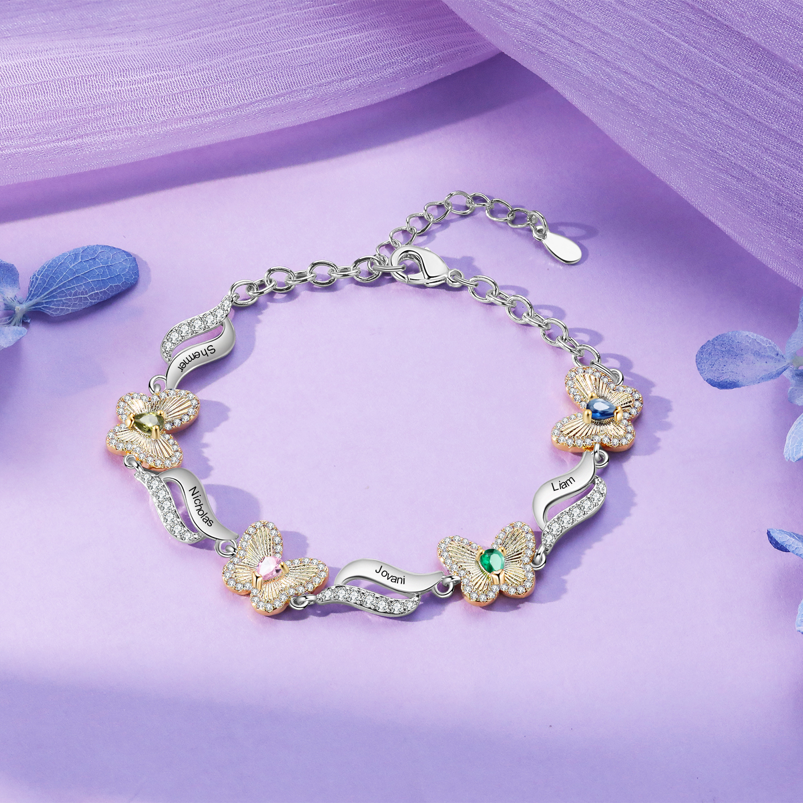 4 Names - Personalized Women's Bracelet Customized 4 Names & 4 Birthstones Butterfly Bracelet for Her