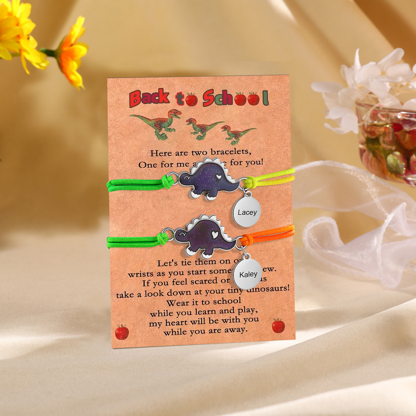 Personalized Name Elastic String Stainless Steel Dinosaur Bracelet, A Good Start-Of-School Gift For Daughter/Son