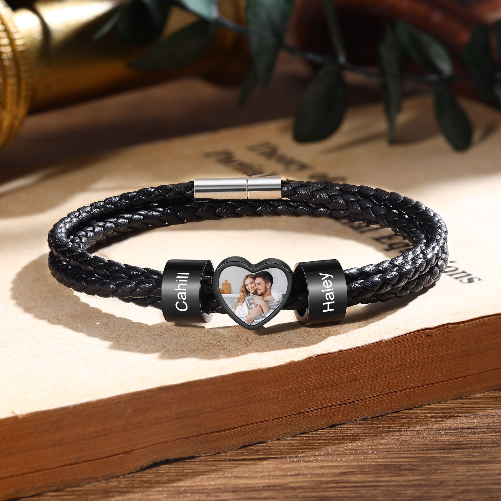 Personalised Leather Bracelet with Custom 2 Names and 1 Photo Men's Bracelet for Him | Jessmade