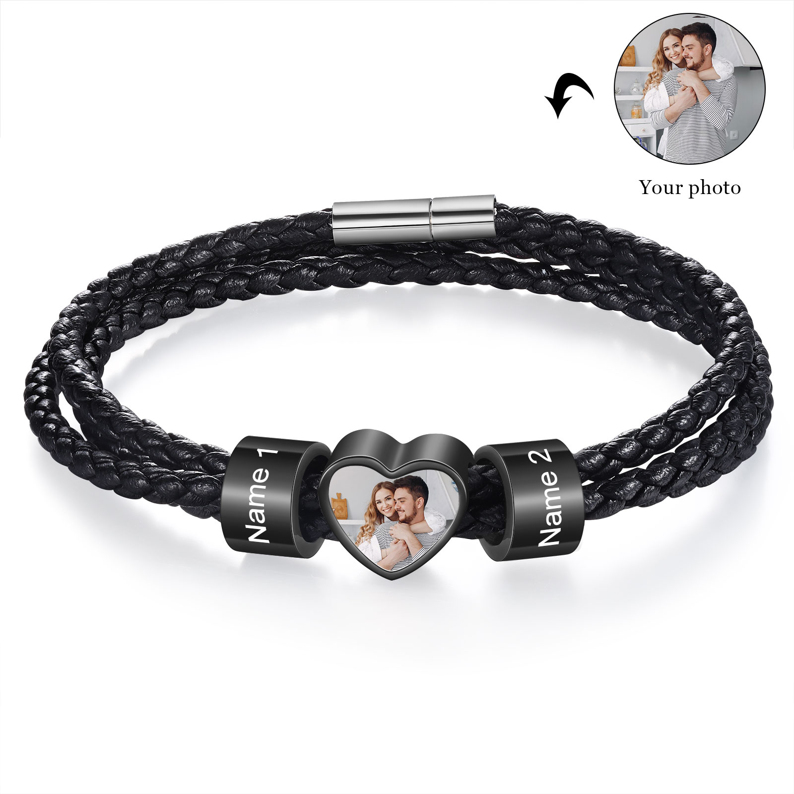 Personalised Leather Bracelet with Custom 2 Names and 1 Photo Men's Bracelet for Him | Jessmade