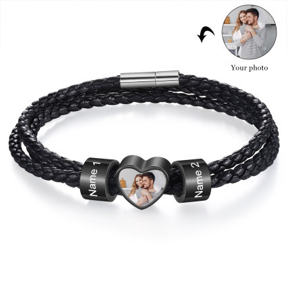 Personalised Leather Bracelet with Custom 2 Names and 1 Photo Men's Bracelet for Him | Jessmade
