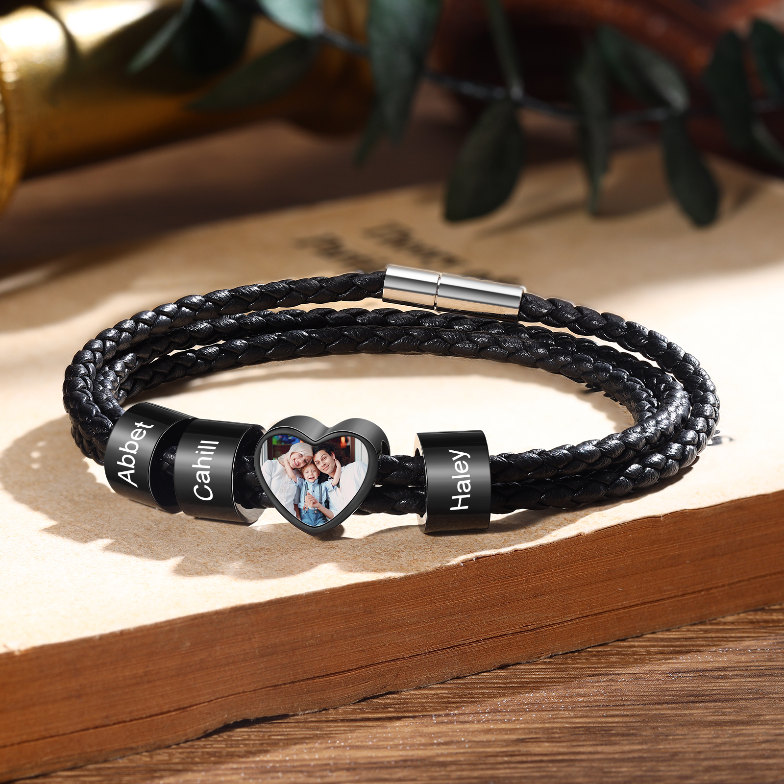 Personalised Leather Bracelet with Custom 2-6 Names and 1 Photo Men's Bracelet for Him | Jessemade
