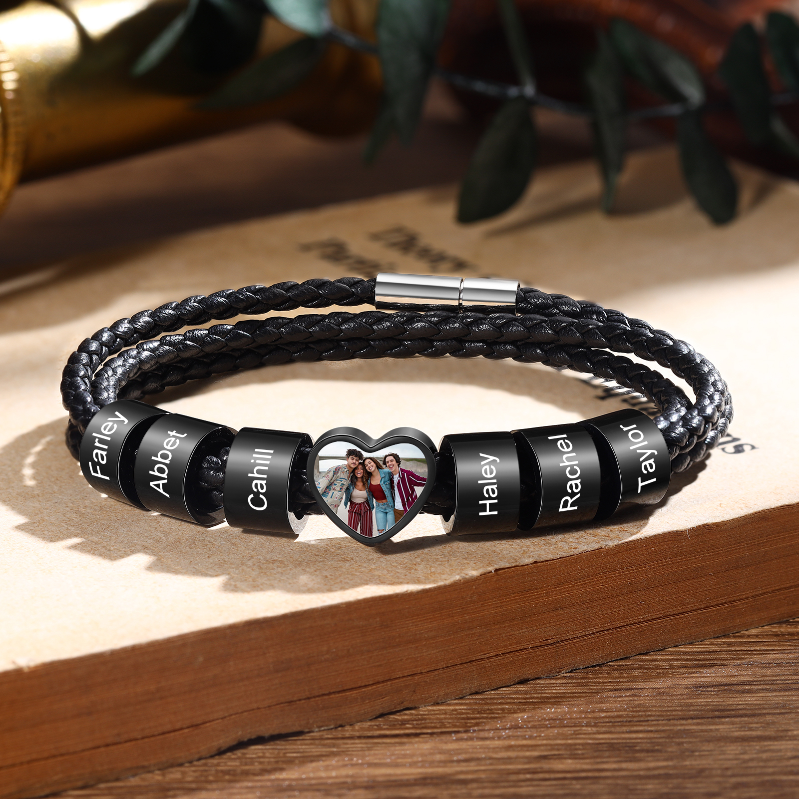 Personalised Leather Bracelet with Custom 2-6 Names and 1 Photo Men's Bracelet for Him | Jessemade