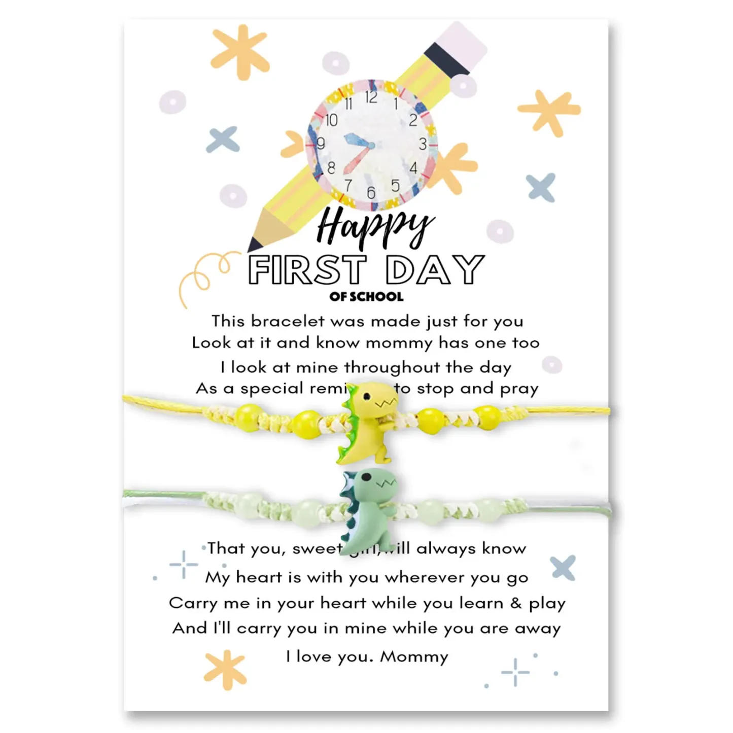 2 Pcs Dinosaur Bracelet Set Adjustable Bracelets with Gift Card First Day of School Mommy & Daughter Gifts