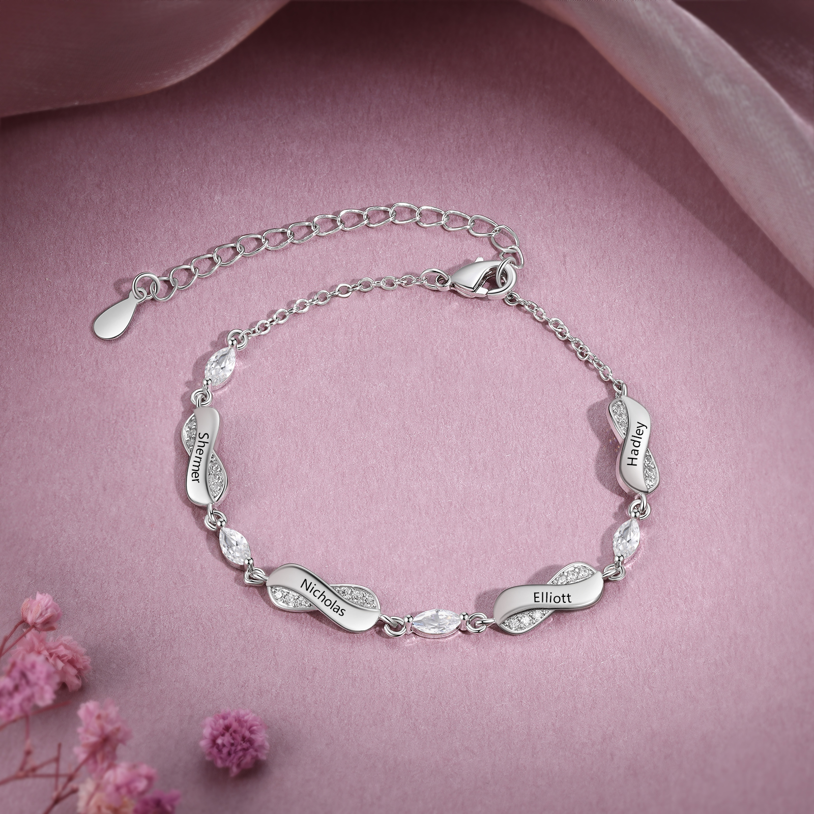 Personalised Elegant Name Bracelet with Crystal Accents – Custom 4 Names Jewelry Gift for Her | Jessemade