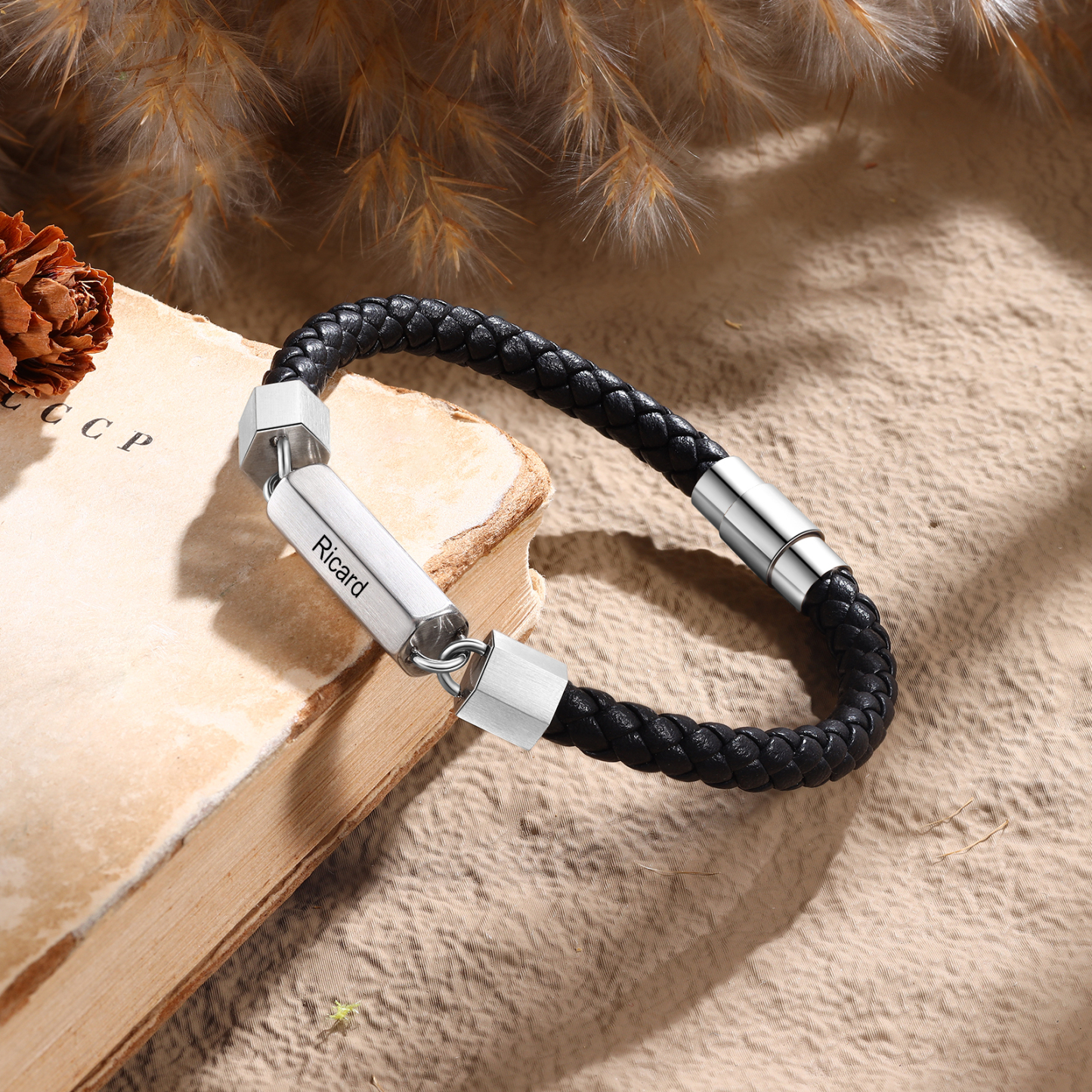 Personalised Men's Bracelet Custom 4 Names Leather 6-sided Bracelet for Him | Jessmade