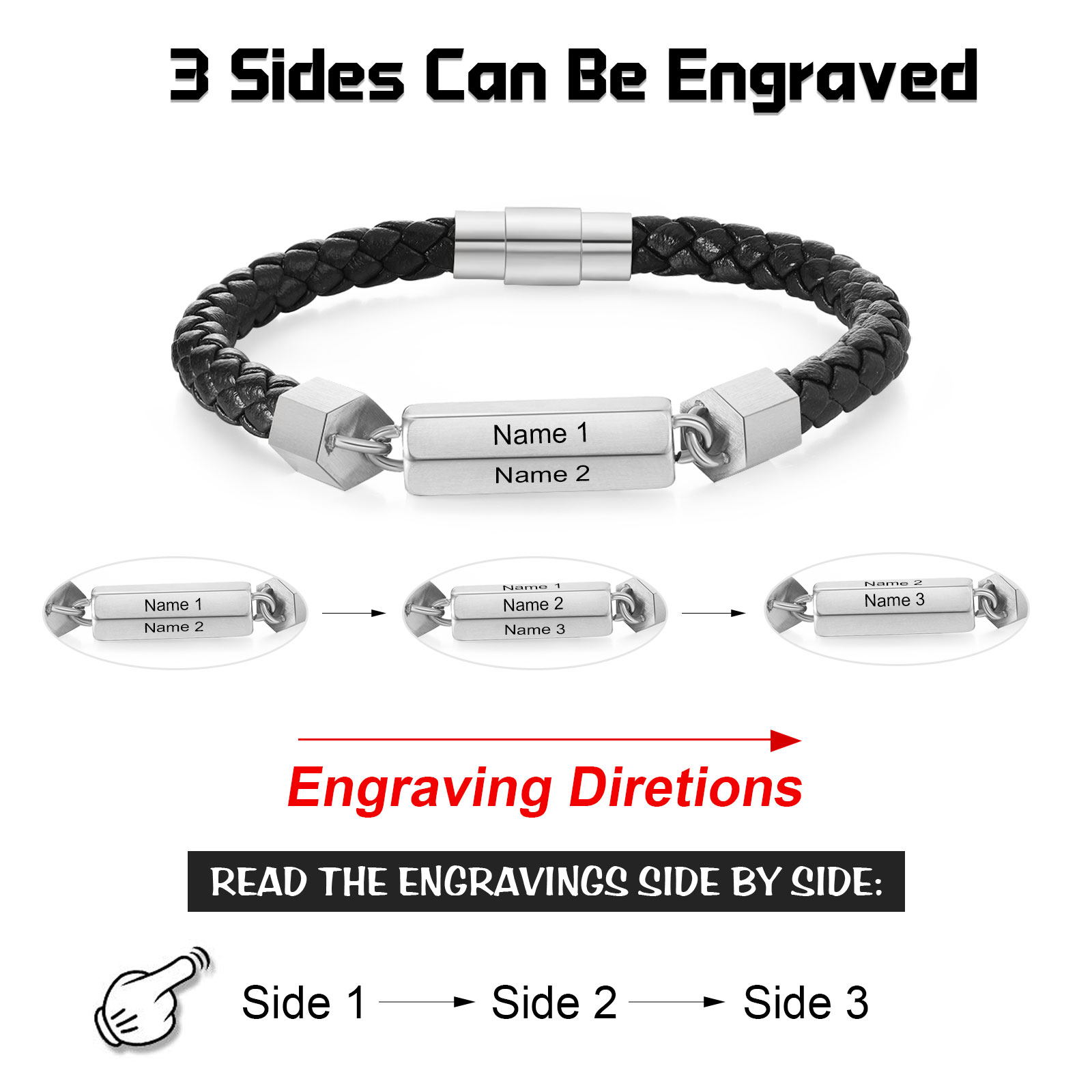 Personalised Men's Bracelet Custom 3 Names Leather 6-sided Bracelet for Him | Jessmade