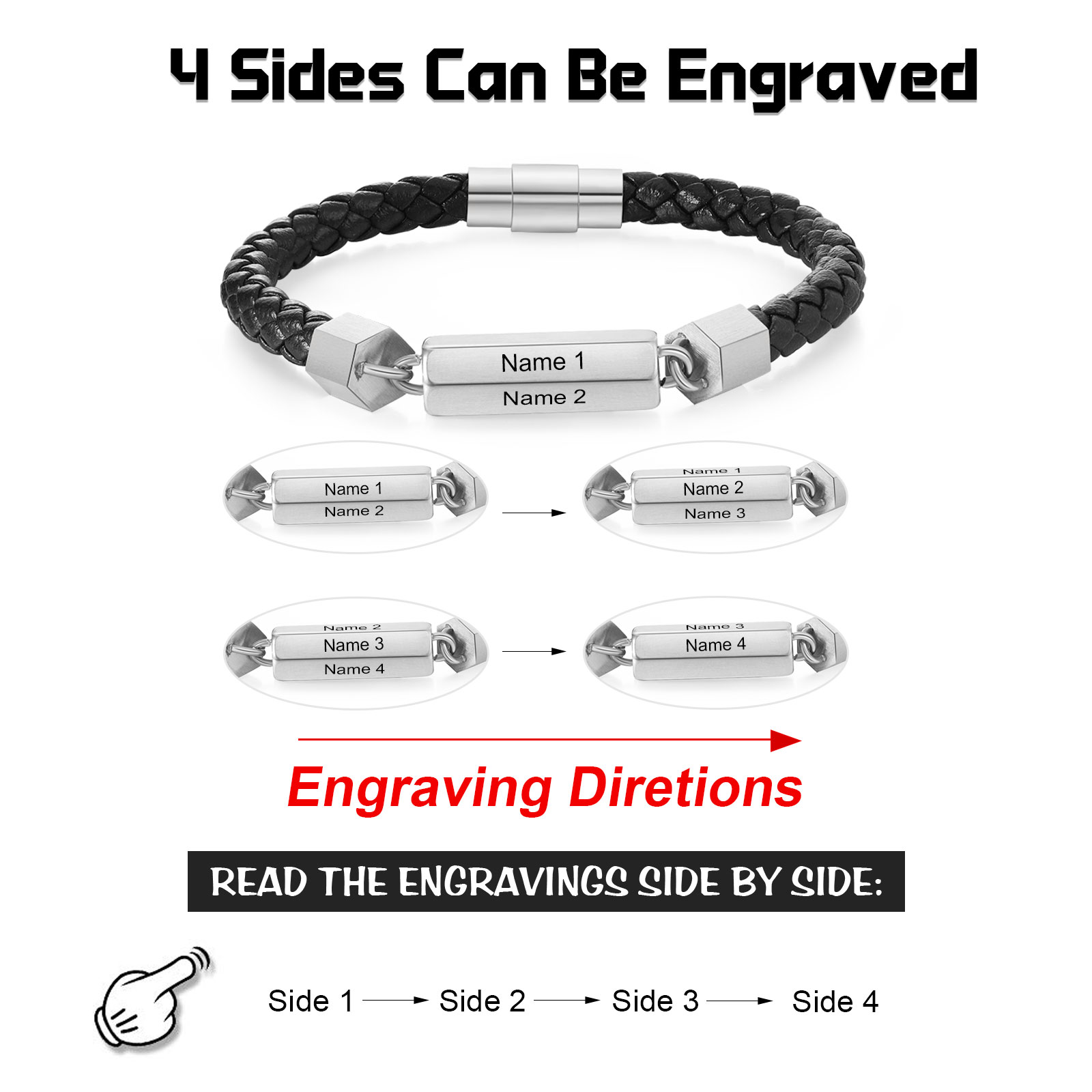 Personalised Men's Bracelet Custom 4 Names Leather 6-sided Bracelet for Him | Jessmade