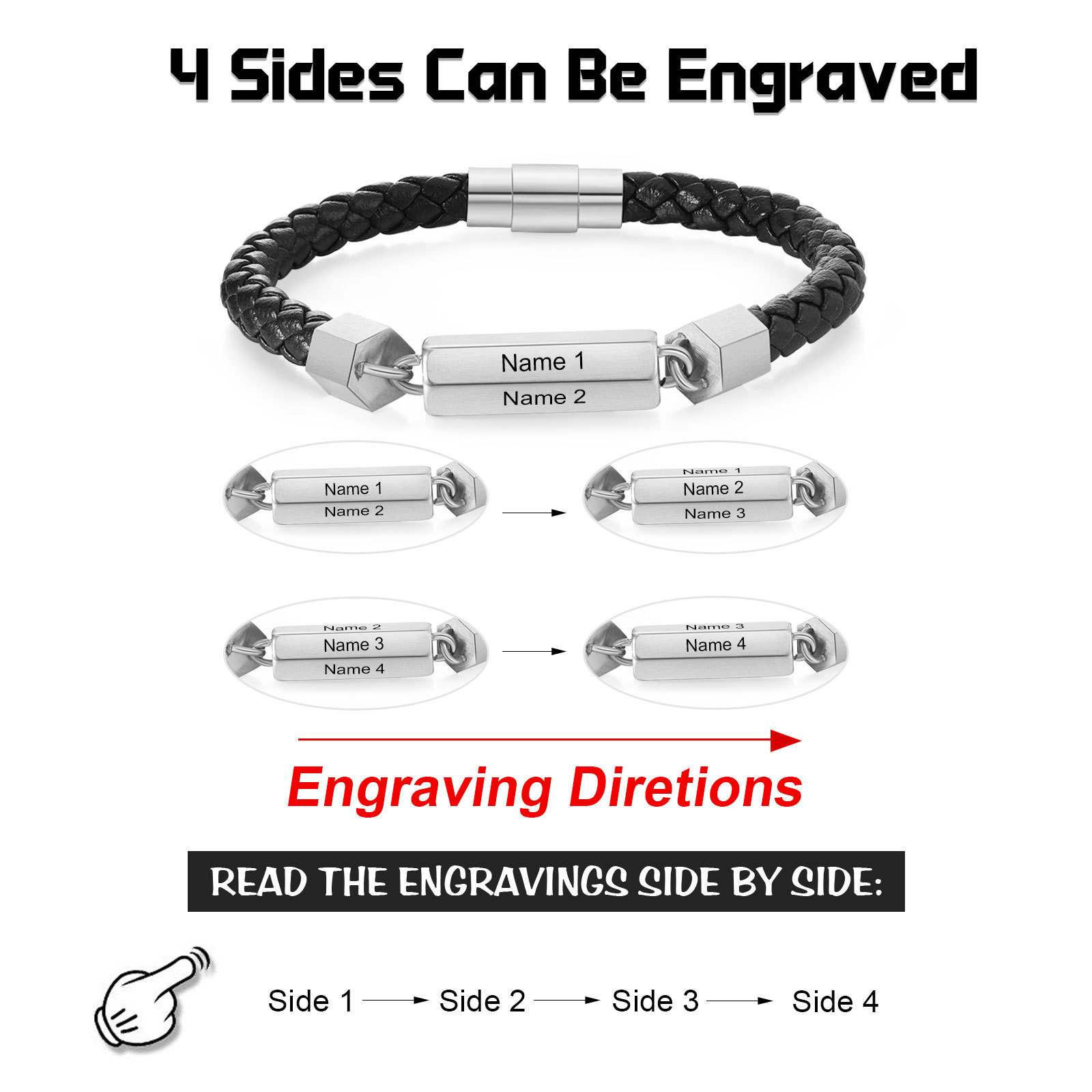 Personalised Men's Bracelet Custom 4 Names Leather 6-sided Bracelet for Him | Jessmade