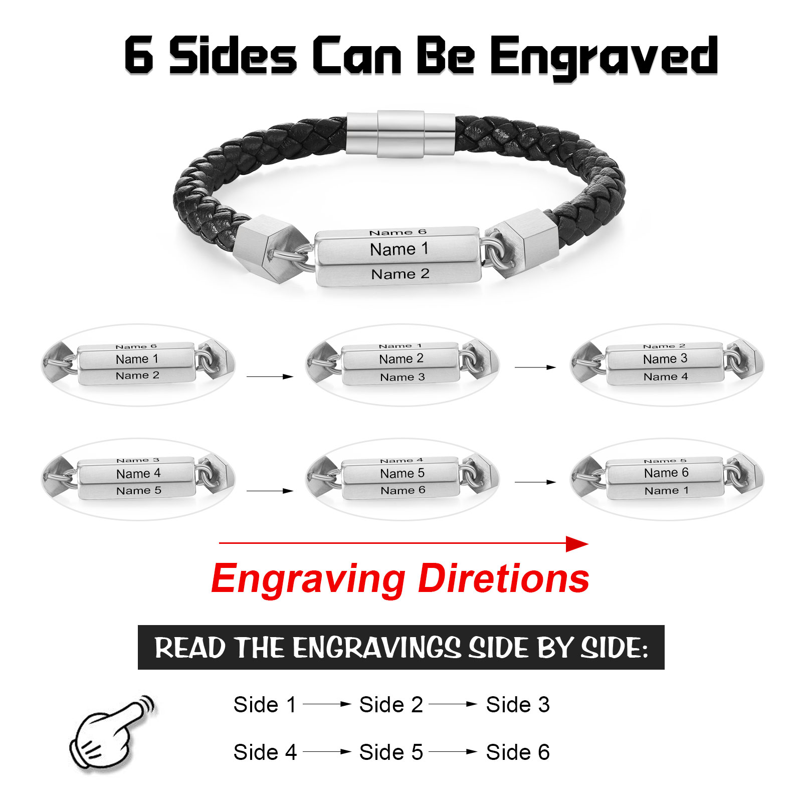 Personalised Men's Bracelet Custom 6 Names Leather 6-sided Bracelet for Him | Jessmade