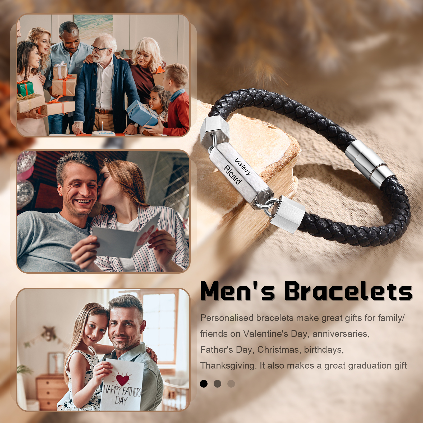 Personalised Men's Bracelet Custom 6 Names Leather 6-sided Bracelet for Him | Jessmade