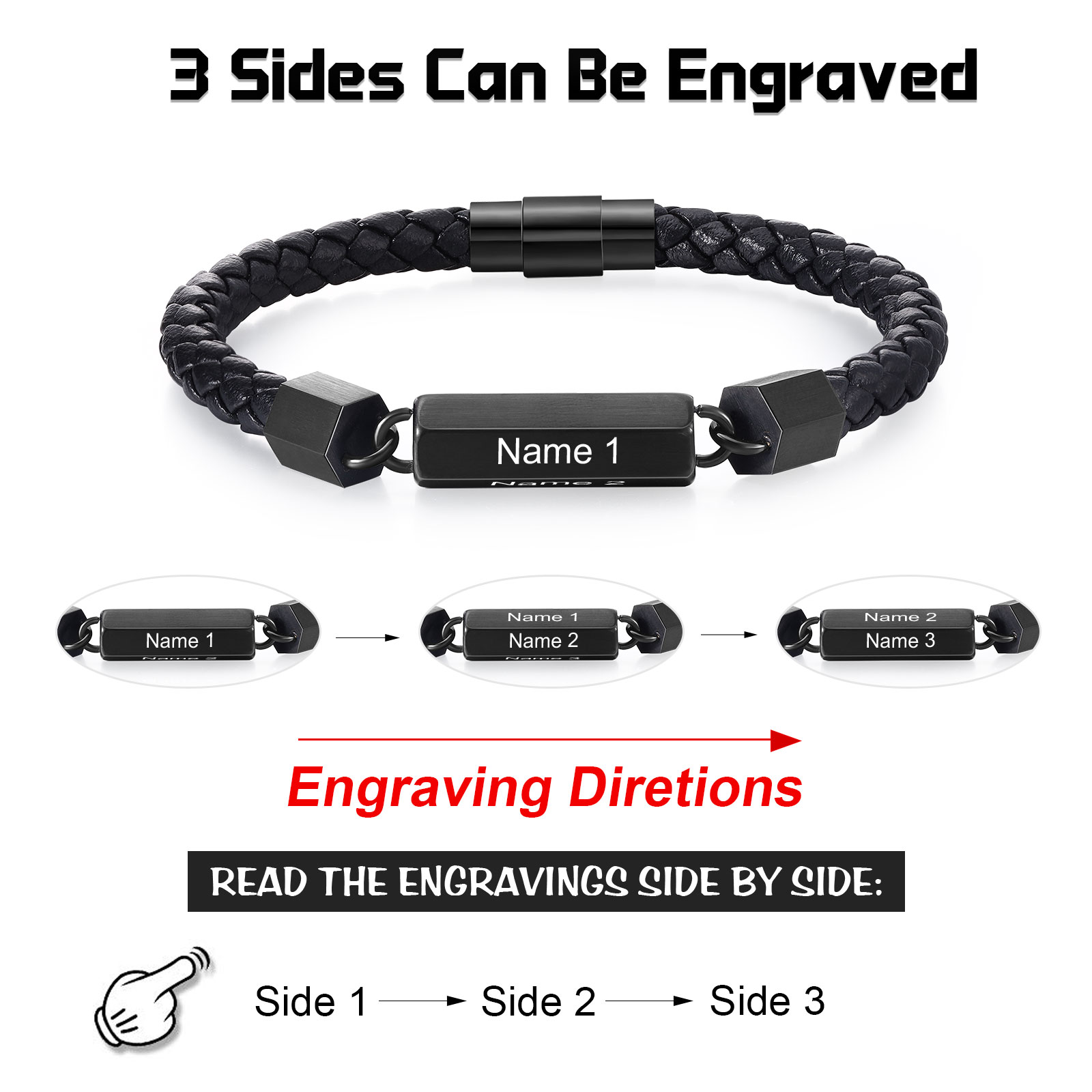 Personalised Men's Bracelet Custom 3 Names Leather 6-sided Bracelet for Him | Jessmade