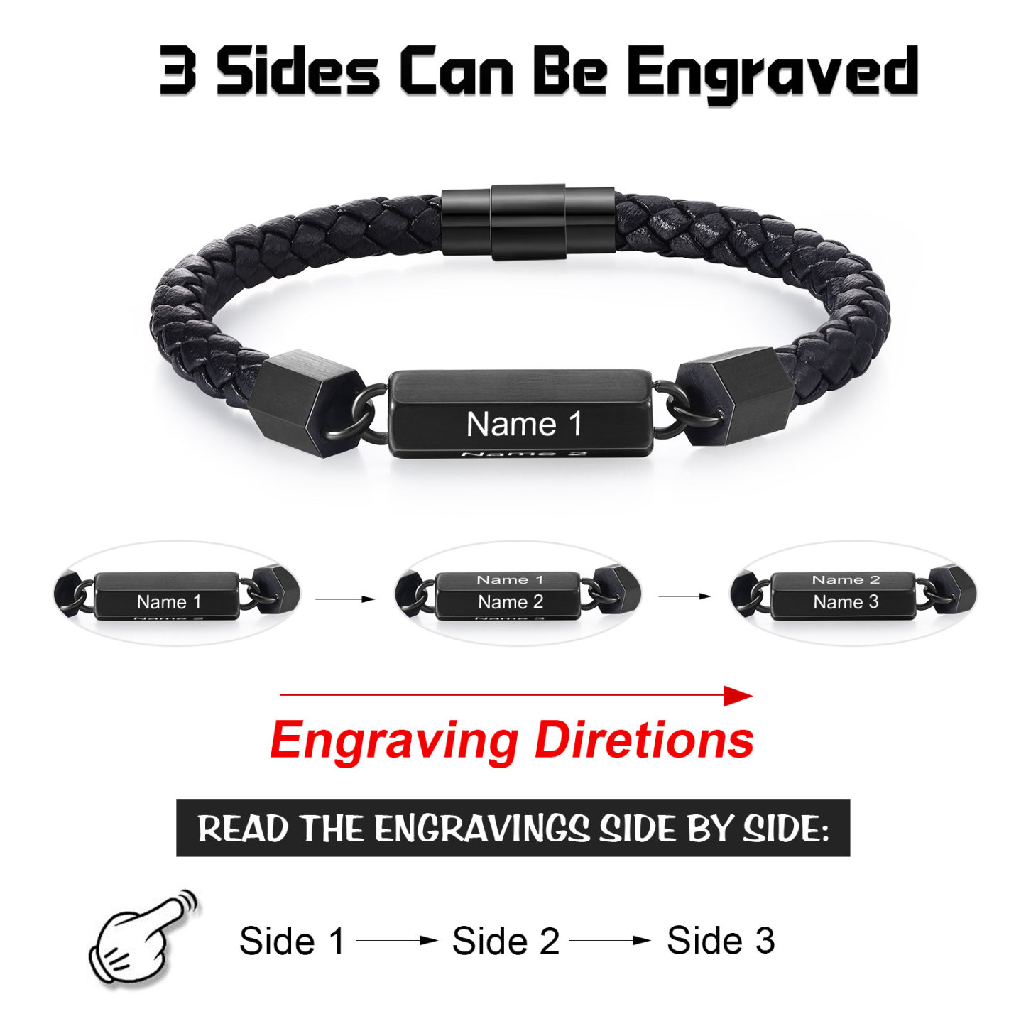 Personalised Men's Bracelet Custom 3 Names Leather 6-sided Bracelet for Him | Jessmade