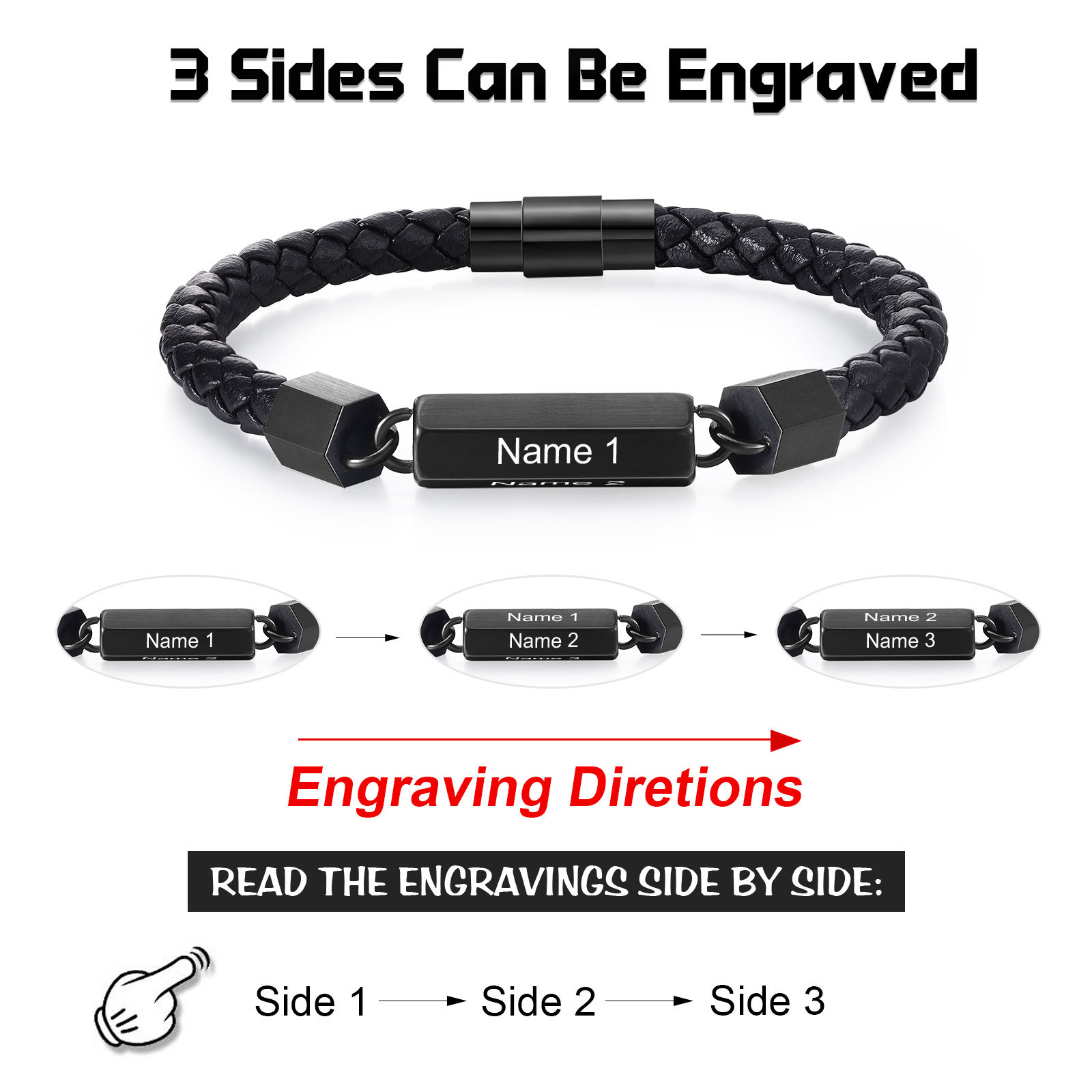 Personalised Men's Bracelet Custom 3 Names Leather 6-sided Bracelet for Him | Jessmade