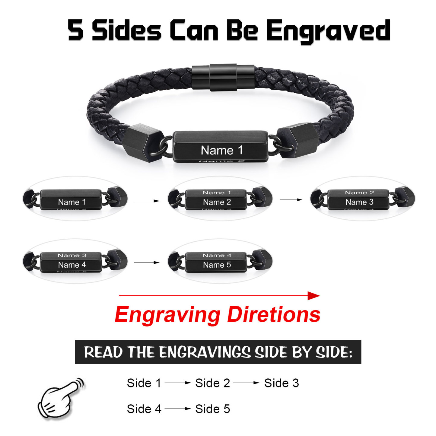 Personalised Men's Bracelet Custom 5 Names Leather 6-sided Bracelet for Him | Jessmade