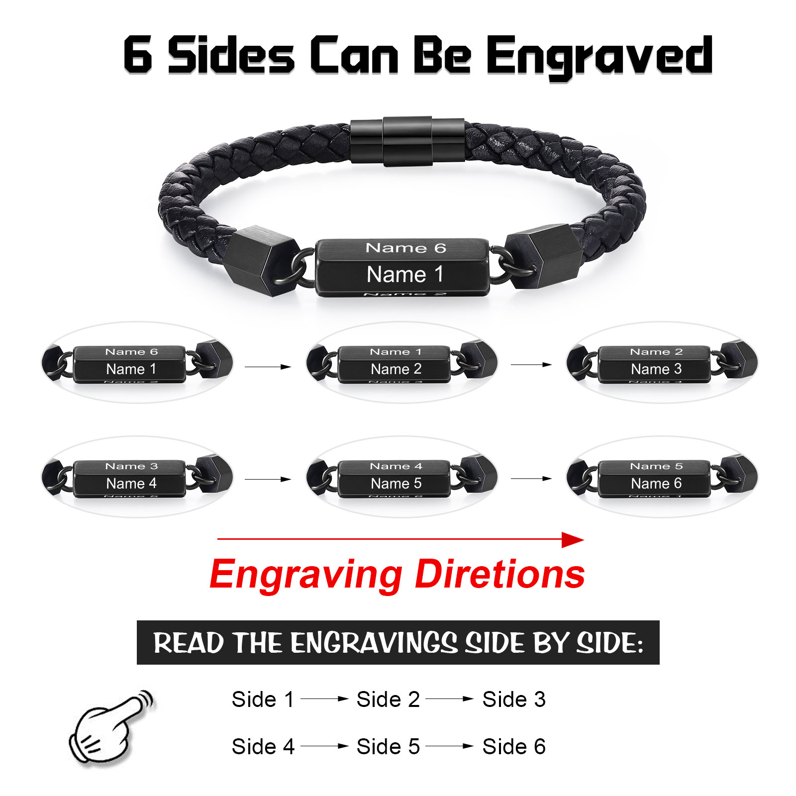 Personalised Men's Bracelet Custom 6 Names Leather 6-sided Bracelet for Him | Jessmade