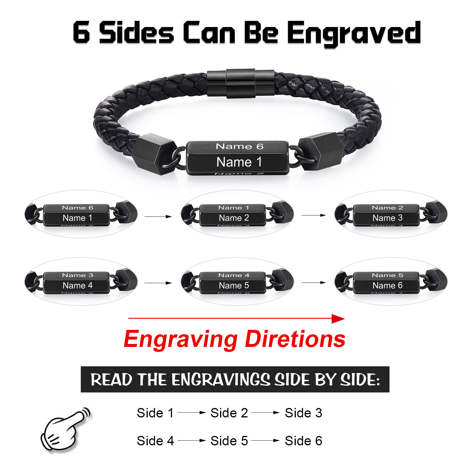 Personalised Men's Bracelet Custom 6 Names Leather 6-sided Bracelet for Him | Jessmade