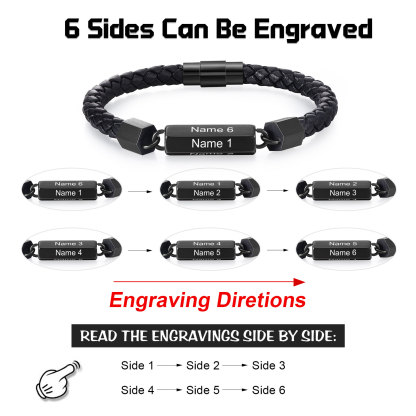 Personalised Men's Bracelet Custom 6 Names Leather 6-sided Bracelet for Him | Jessmade