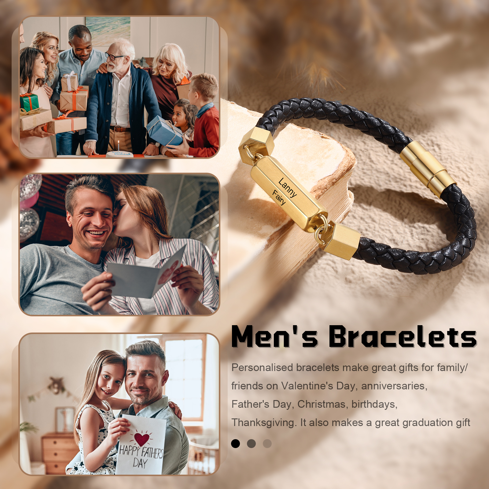 Personalised Men's Bracelet Custom 4 Names Leather 6-sided Bracelet for Him | Jessmade