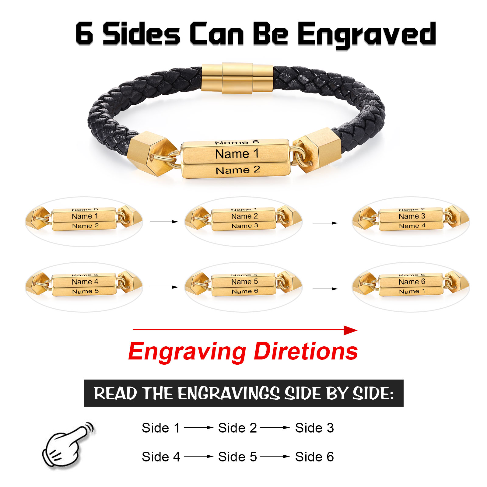 Personalised Men's Bracelet Custom 6 Names Leather 6-sided Bracelet for Him | Jessmade