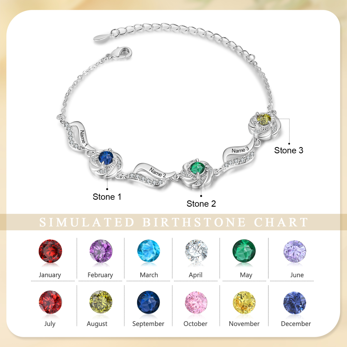 Personalised Birthstone Bracelet with Custom 3 Names & 3 Birthstones Christmas Gift for Her | Jessemade