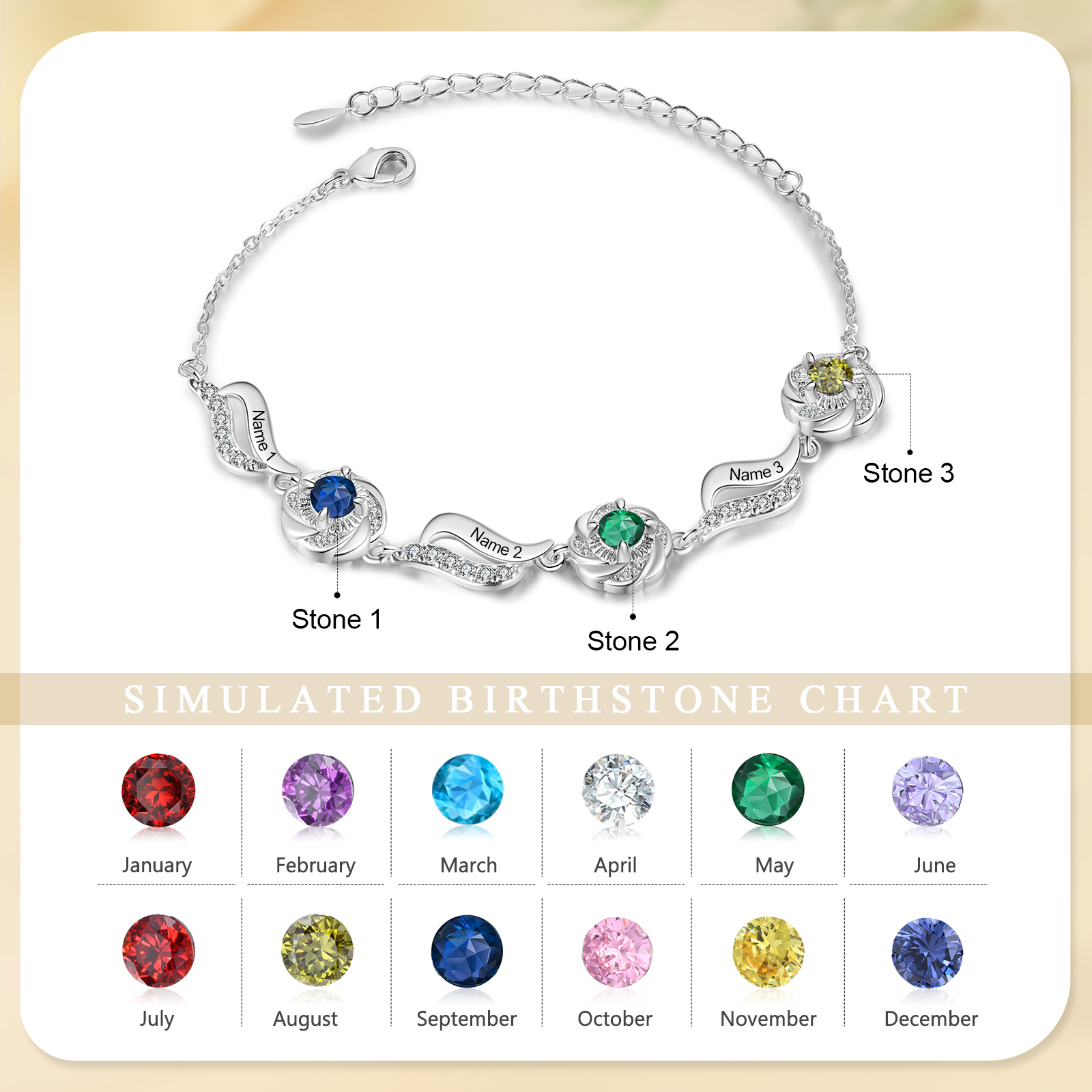 Personalised Birthstone Bracelet with Custom 3 Names & 3 Birthstones Christmas Gift for Her | Jessemade