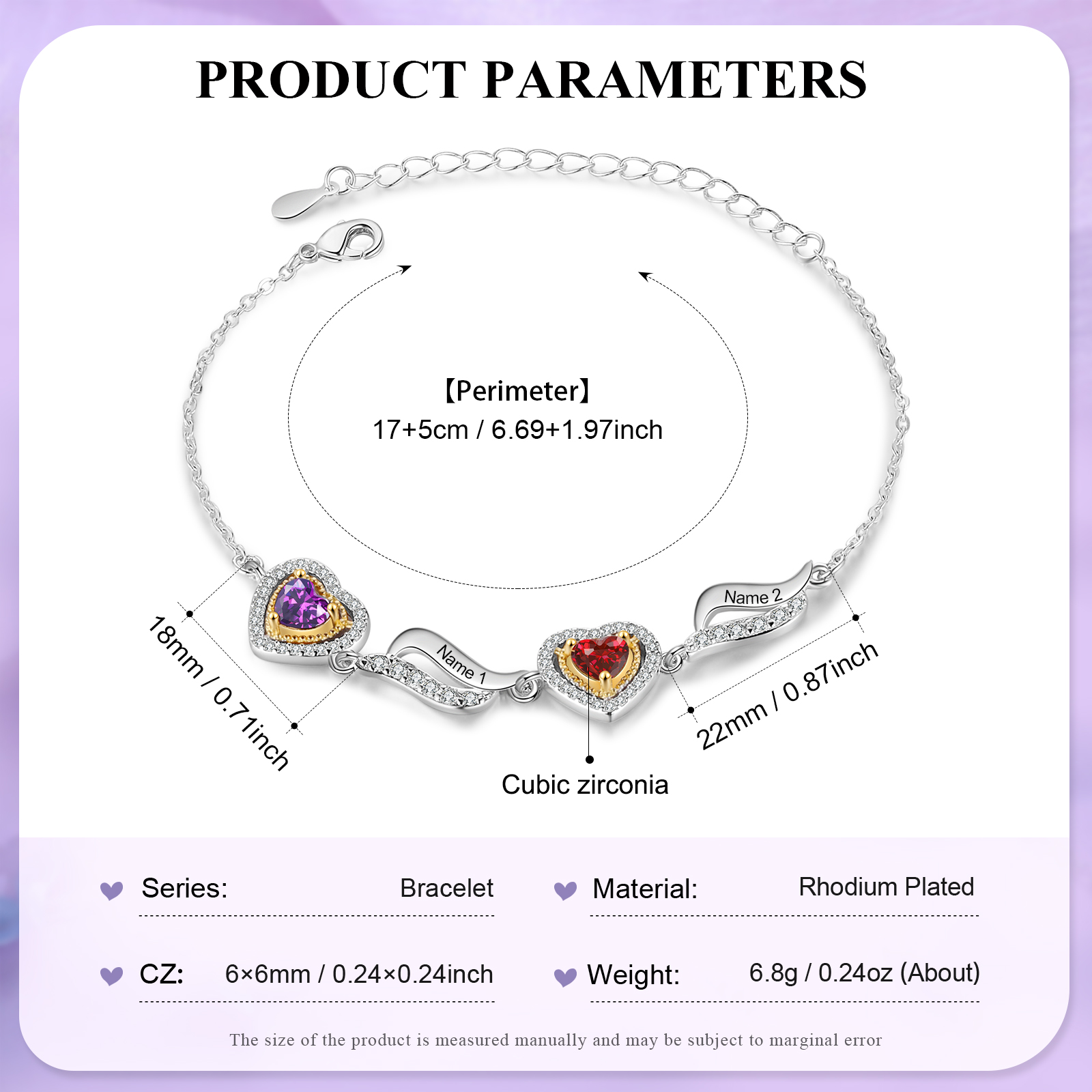 Personalised Heart Birthstone Bracelet with Custom 2 Names & 2 Birthstones Christmas Gift for Her | Jessemade