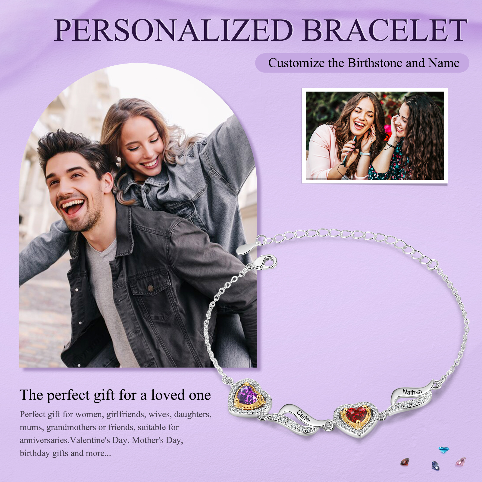 Personalised Heart Birthstone Bracelet with Custom 2 Names & 2 Birthstones Christmas Gift for Her | Jessemade