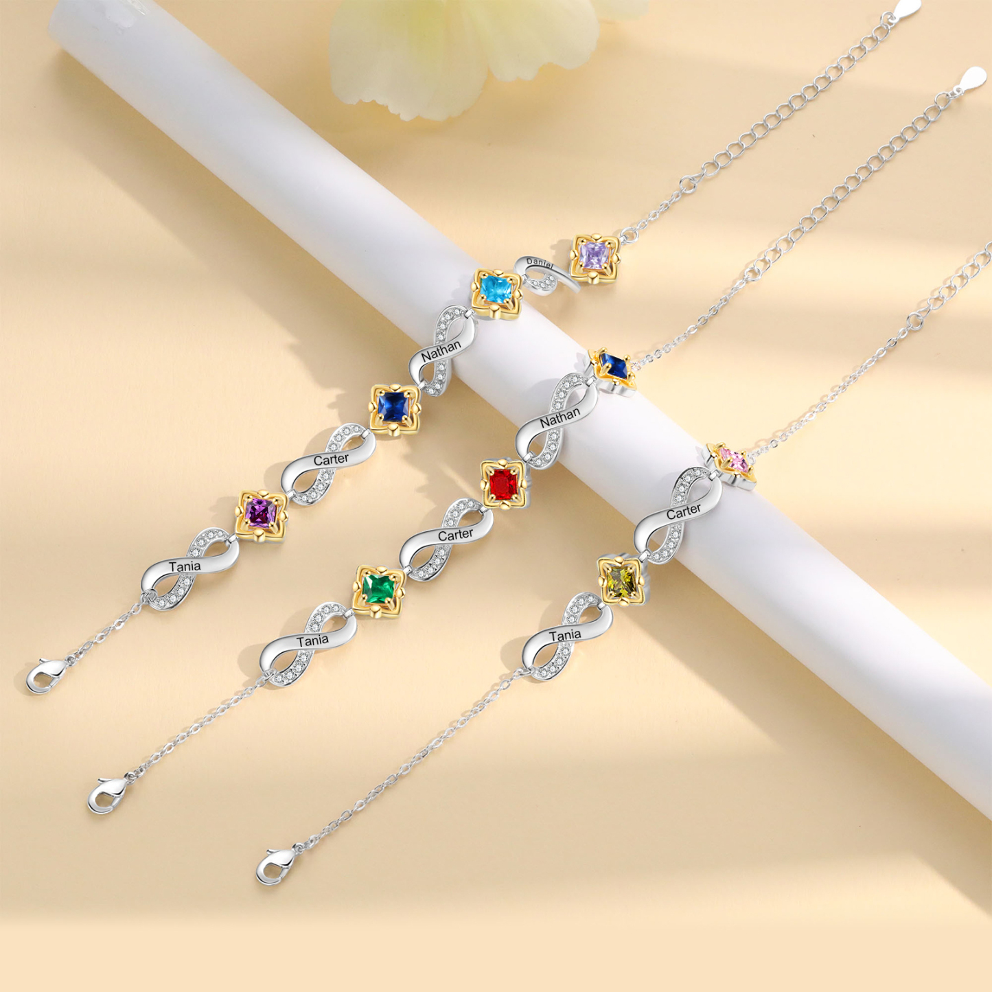 Personalised Birthstone Bracelet with Custom 3 Names & 3 Birthstones Christmas Jewelry Gift for Her | Jessemade