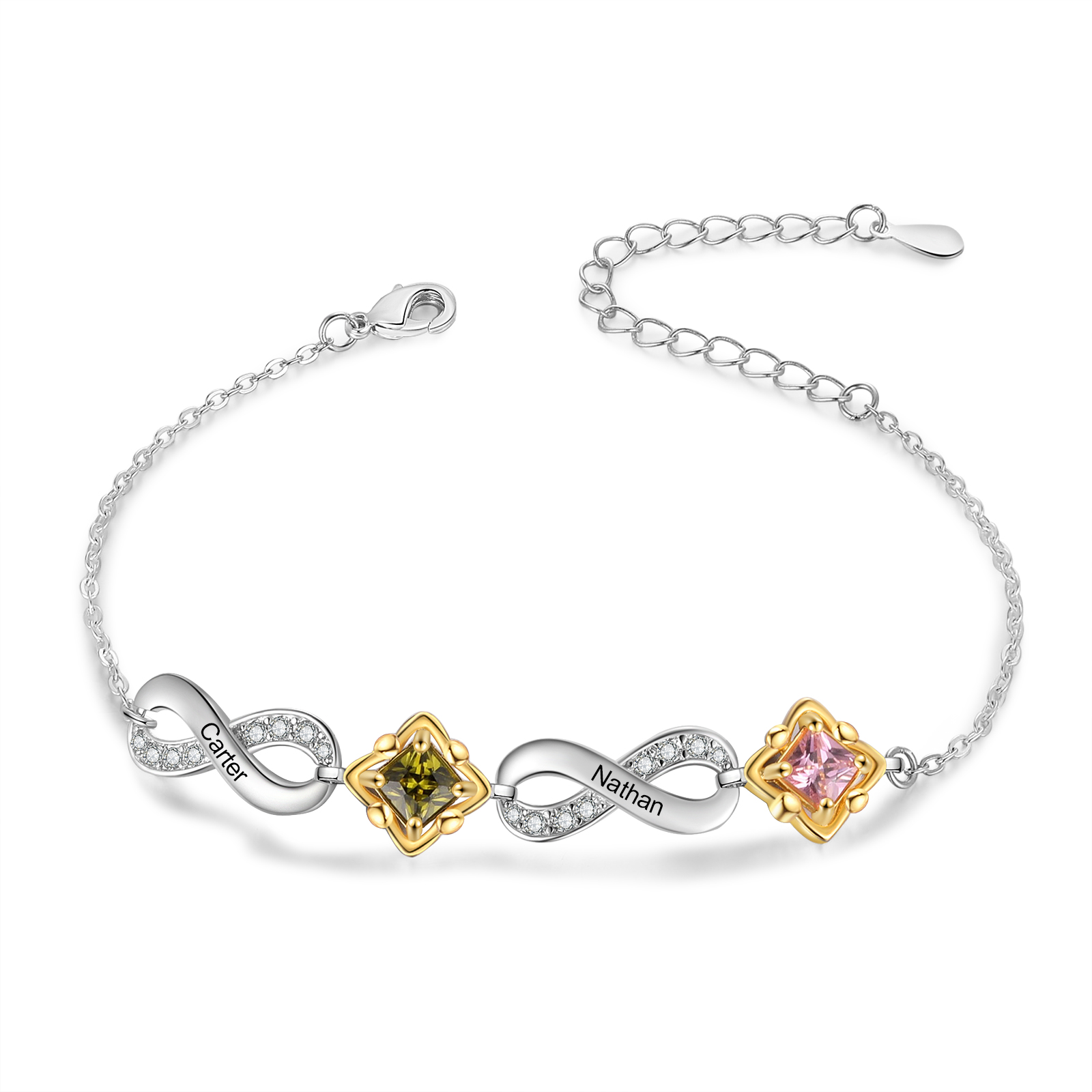Personalised Birthstone Bracelet with Custom 2 Names & 2 Birthstones Christmas Jewelry Gift for Her | Jessemade