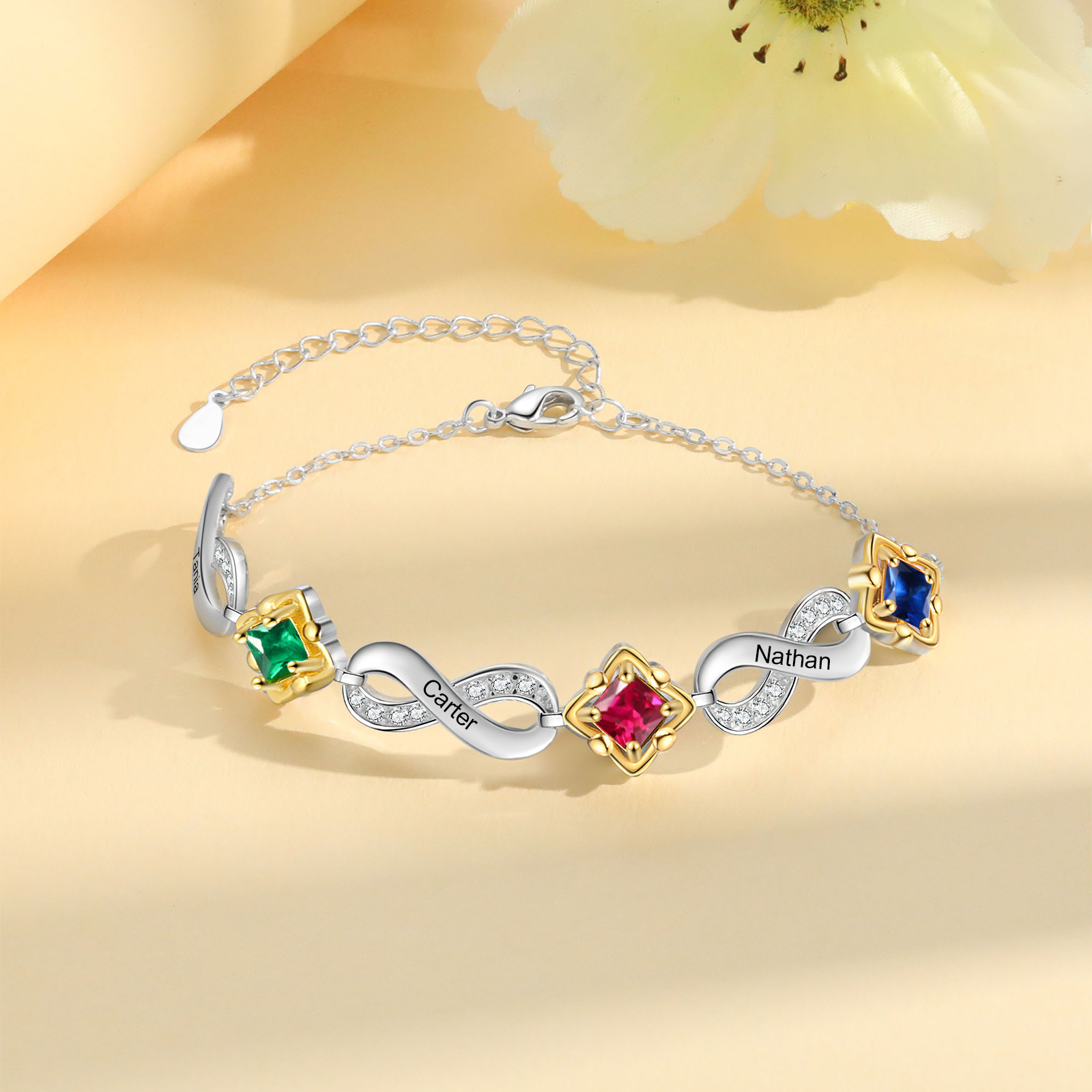 Personalised Birthstone Bracelet with Custom 3 Names & 3 Birthstones Christmas Jewelry Gift for Her | Jessemade