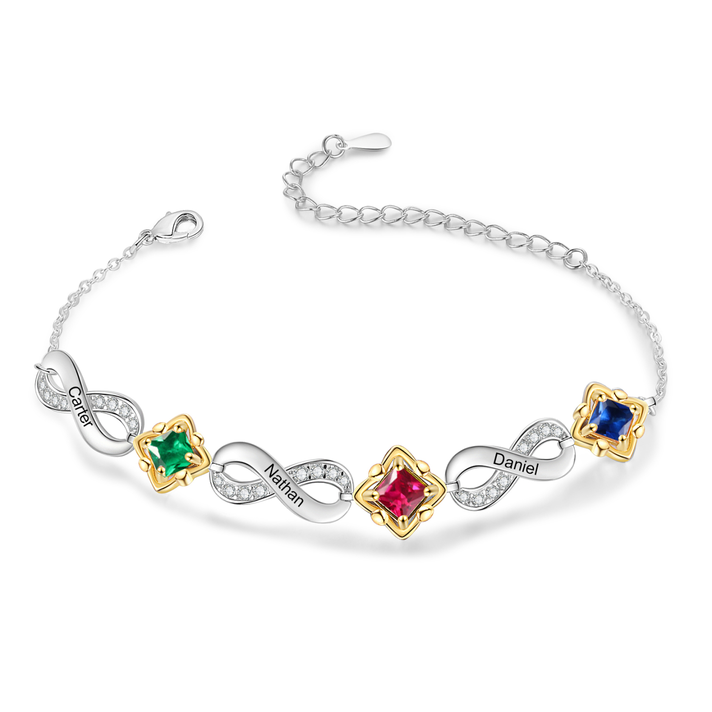 Personalised Birthstone Bracelet with Custom 3 Names & 3 Birthstones C
