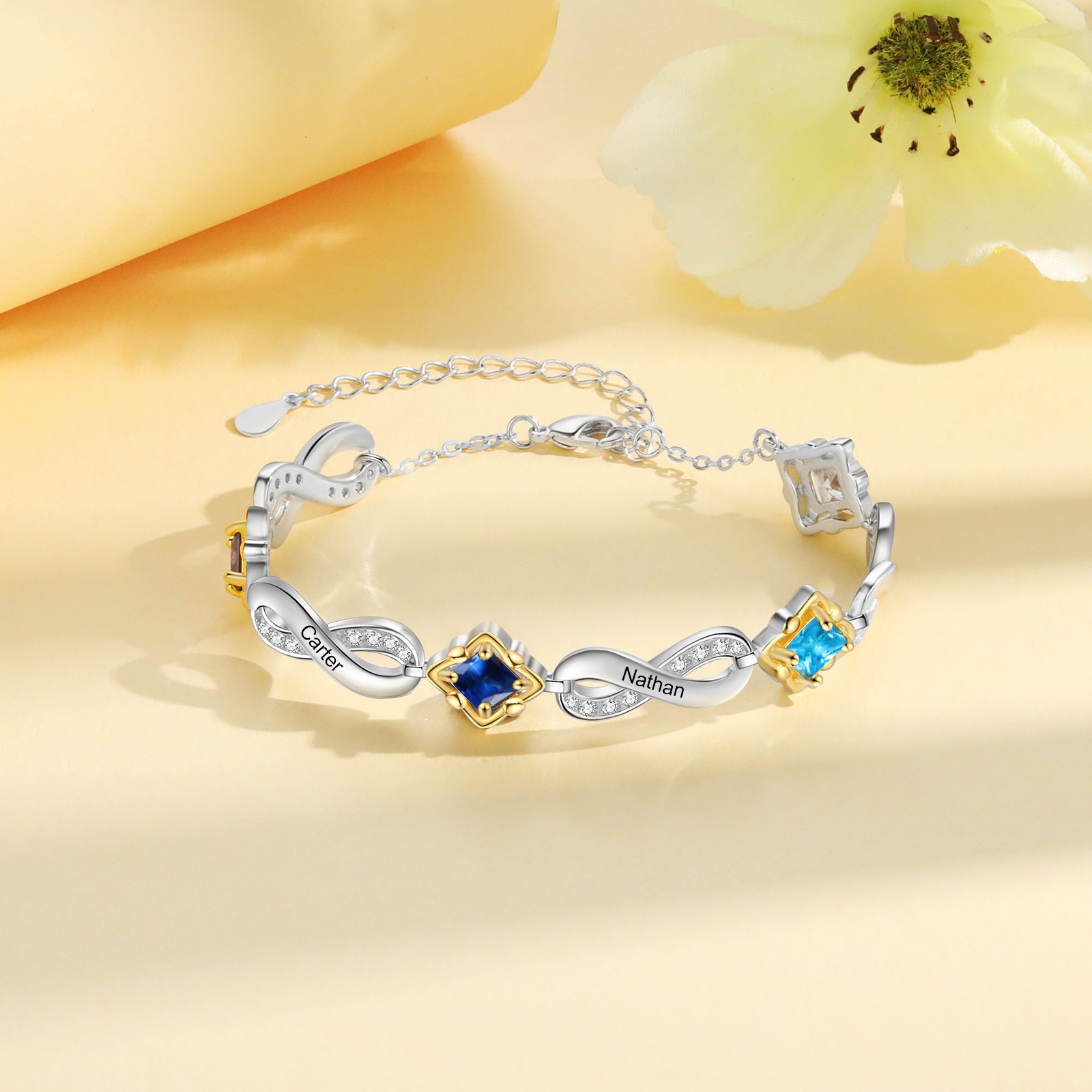 Personalised Birthstone Bracelet with Custom 4 Names & 4 Birthstones Christmas Jewelry Gift for Her | Jessemade