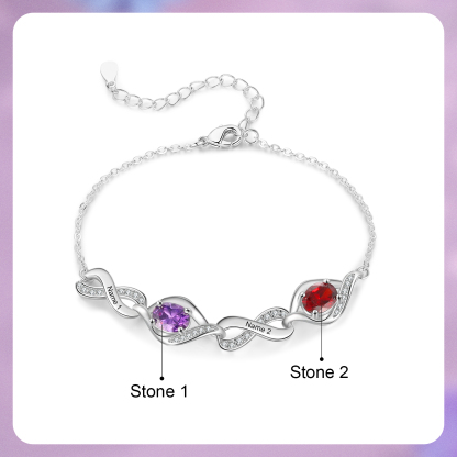 Personalised Birthstone Bracelet with Custom 2 Names & 2 Birthstones, Rhodium-Plated Jewelry Gift for Her | Jessemade