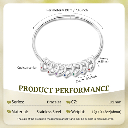 Personalised Women’s Bracelet with Custom 7 Names & Birthstones Heart Bracelet Gift for Her | Jessmade