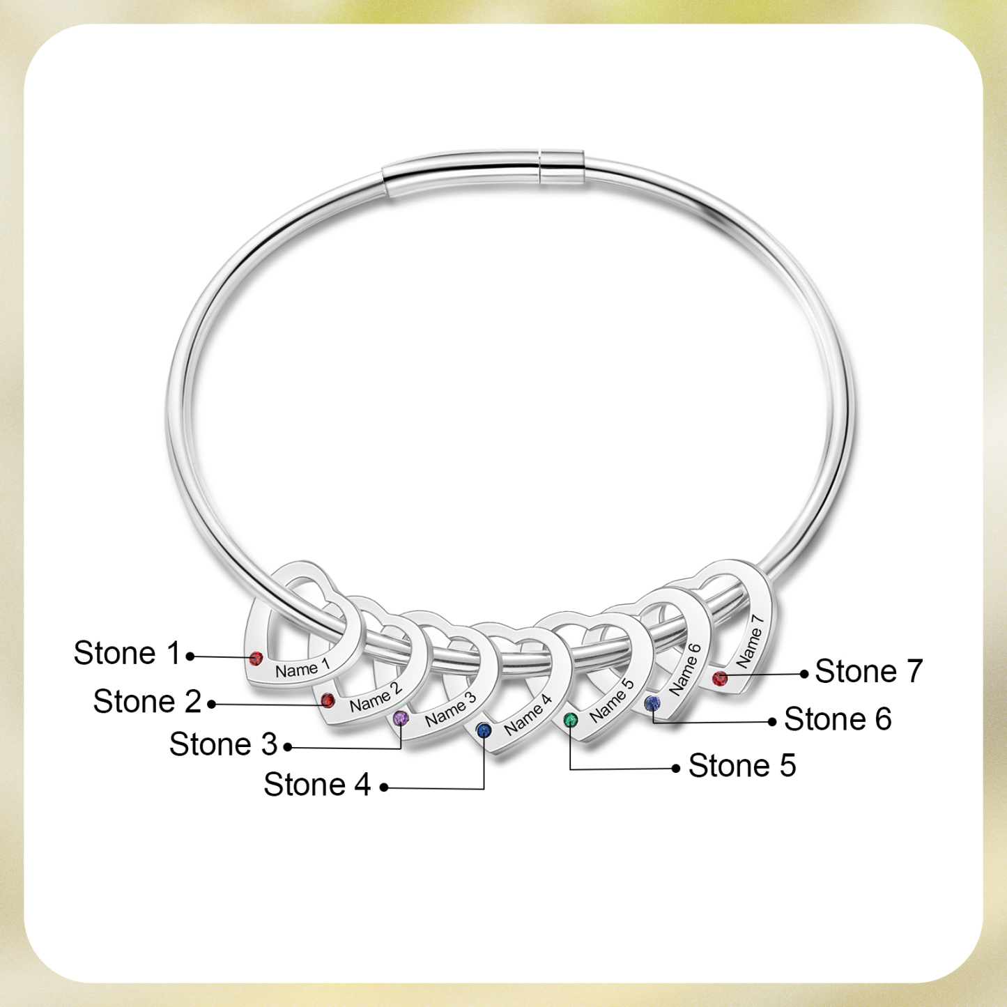 Personalised Women’s Bracelet with Custom 7 Names & Birthstones Heart Bracelet Gift for Her | Jessmade