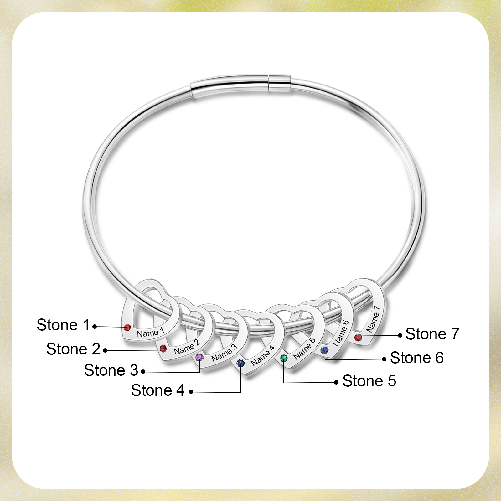 Personalised Women’s Bracelet with Custom 7 Names & Birthstones Heart Bracelet Gift for Her | Jessmade