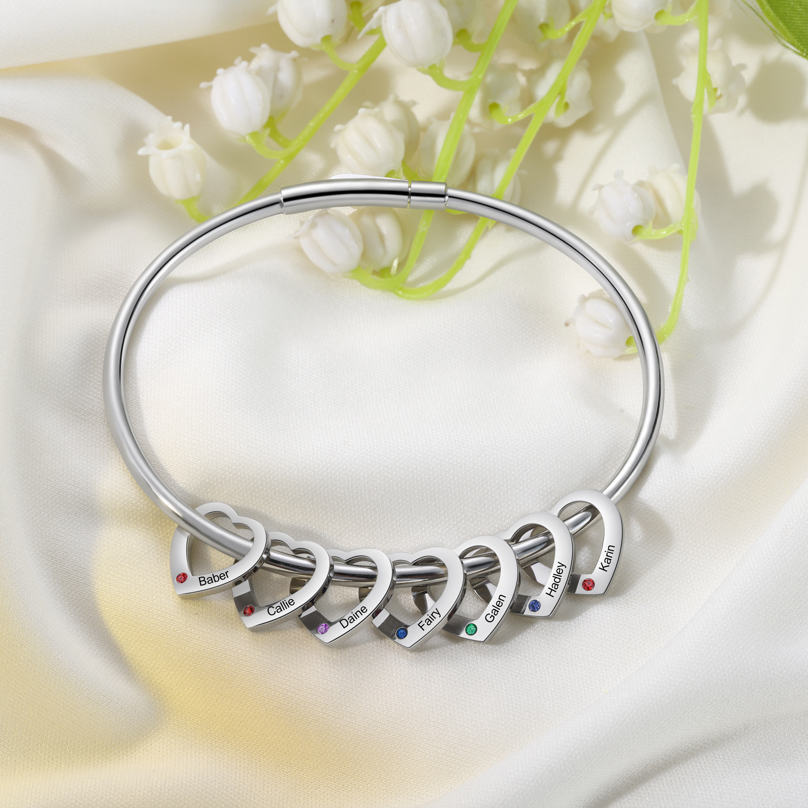 Personalised Women’s Bracelet with Custom 7 Names & Birthstones Heart Bracelet Gift for Her | Jessmade